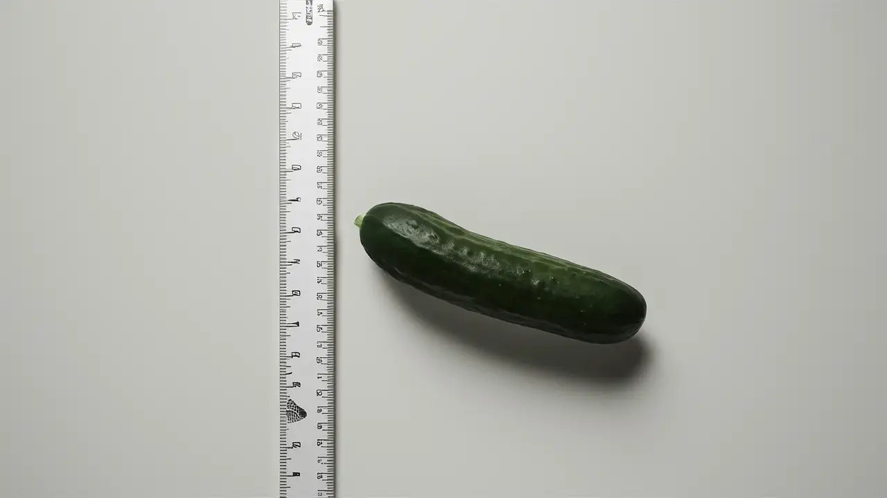 Régua ao lado de um pepino de 15 centímetros em um fundo branco.