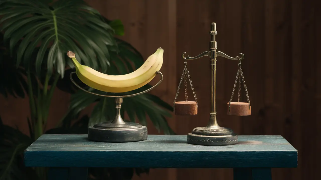 Dois pratos de balança, um com banana e outro com régua, em equilíbrio sobre mesa de madeira escura.