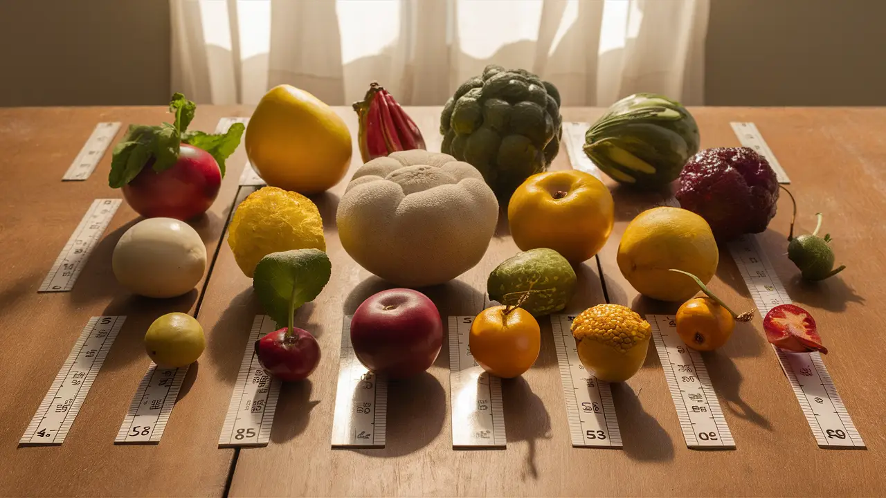 Frutas e vegetais de tamanhos variados com réguas métricas em uma mesa de madeira iluminada.