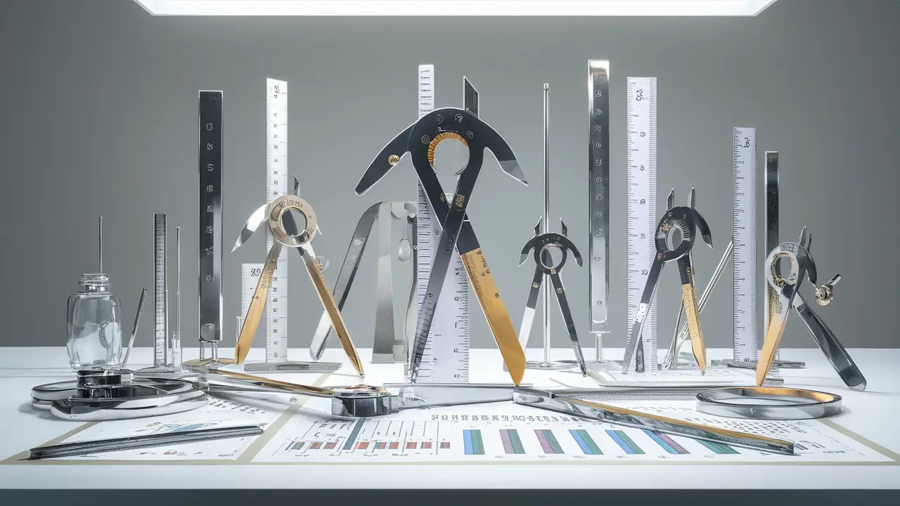 Instrumentos de medição como paquímetros e réguas em uma mesa de laboratório.