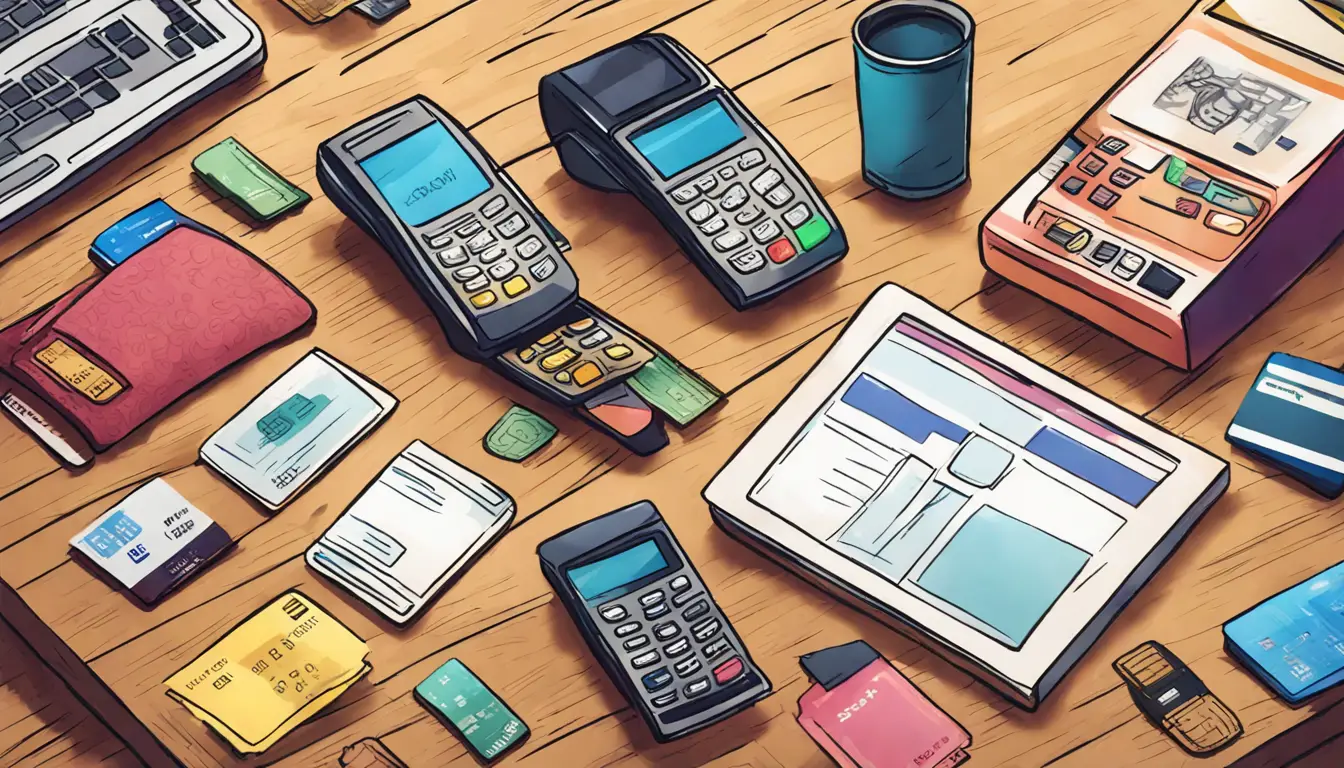 Diversos métodos de pagamento em uma mesa de madeira, incluindo cartões de crédito, dinheiro e terminal digital.