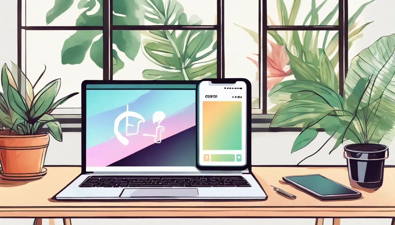 Laptop com interface do Gopage em mesa de madeira, cercado por plantas e smartphone em sala iluminada.