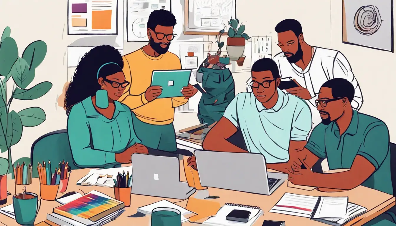 Empreendedores analisando catálogo digital em laptop em escritório moderno.