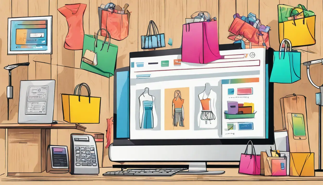Tela de computador mostrando interface de loja online com sacolas de compras, scanner de código e cartão de crédito sobre mesa de madeira.