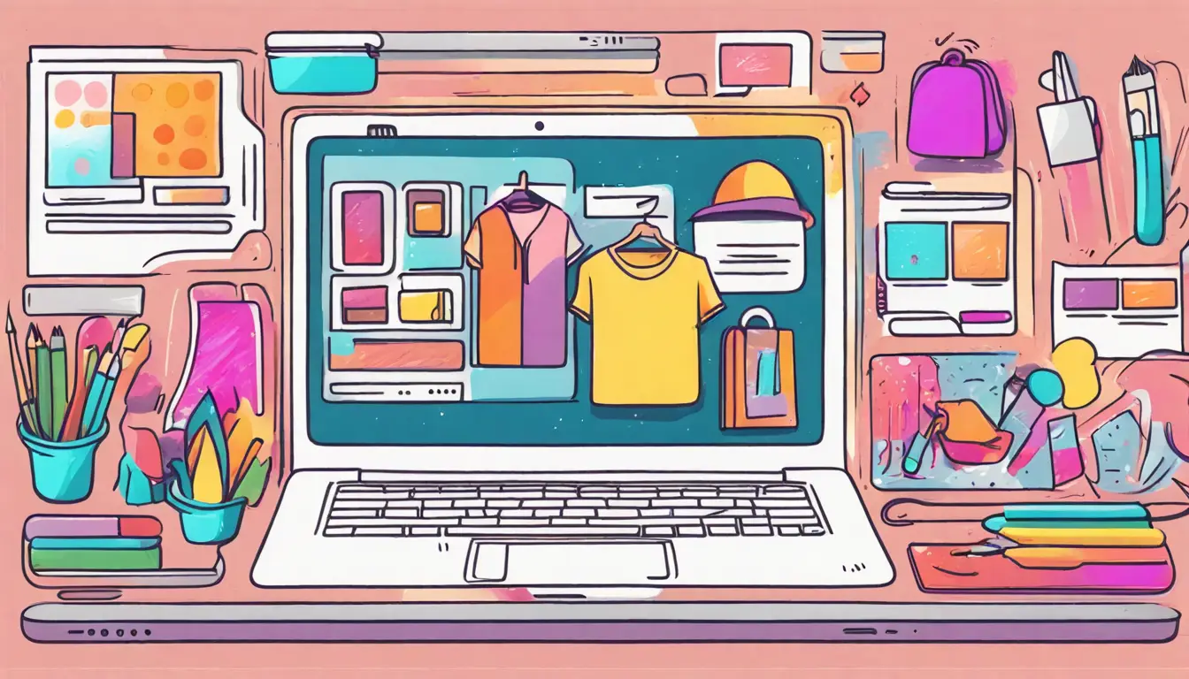 Tela de laptop mostrando loja virtual com produtos coloridos e ferramentas de personalização ao lado.
