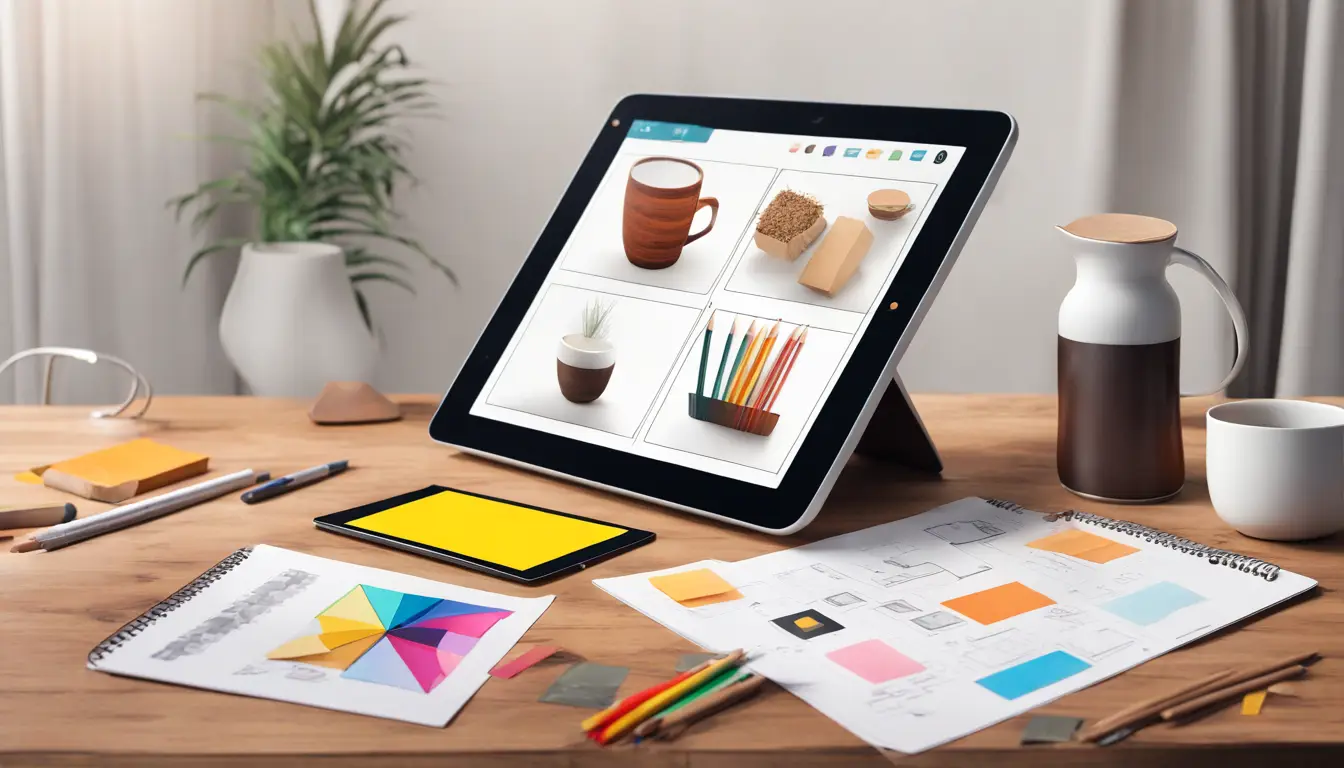 Tela de tablet com catálogo digital colorido e interface minimalista, em uma mesa de madeira com papéis e xícara de café.