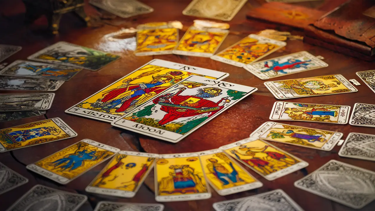 Cartas de tarot de Arcanos Maiores e Menores dispostas em semi-círculo sobre uma mesa de madeira.