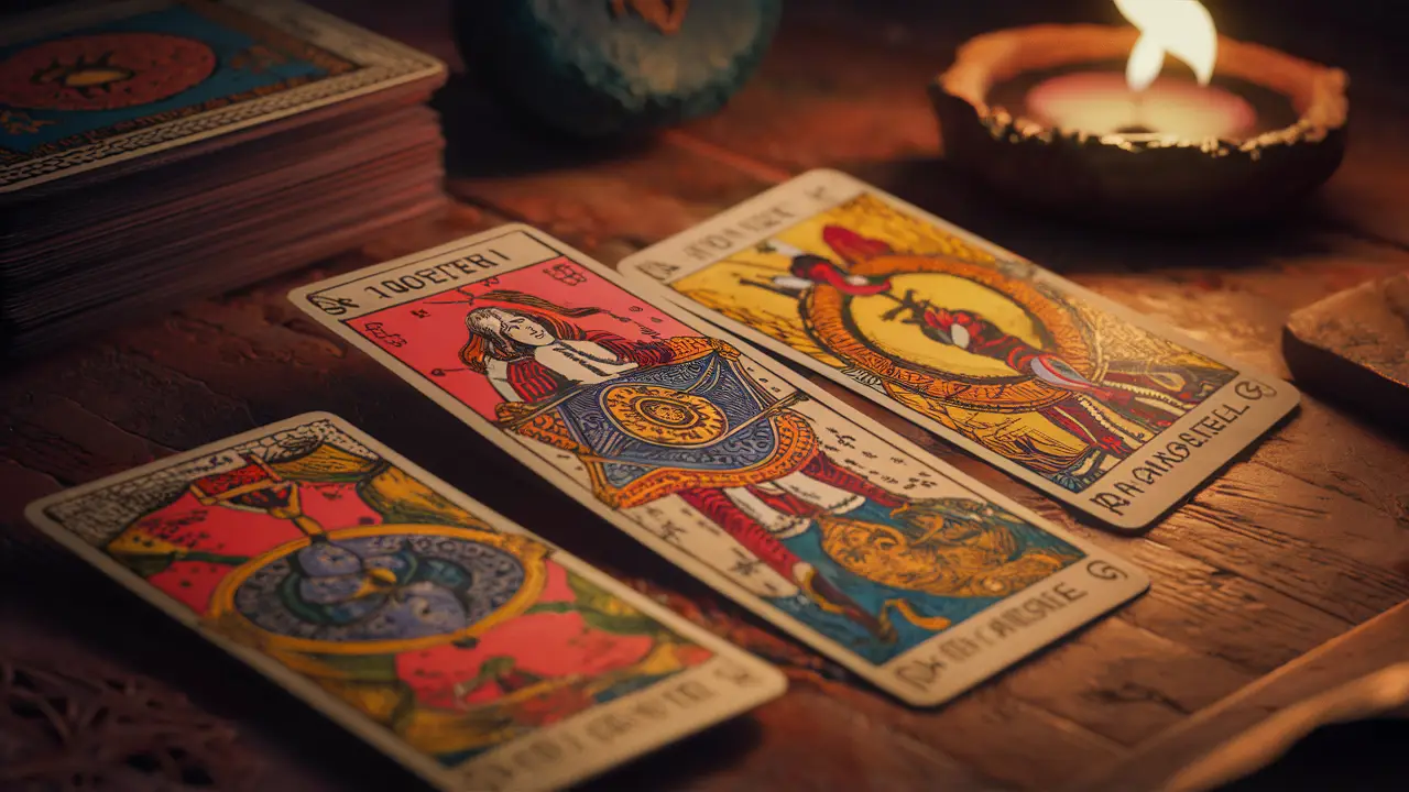 Três cartas do Tarot de Marselha em uma mesa de madeira com padrões medievais e cores vibrantes sob a luz de uma vela.
