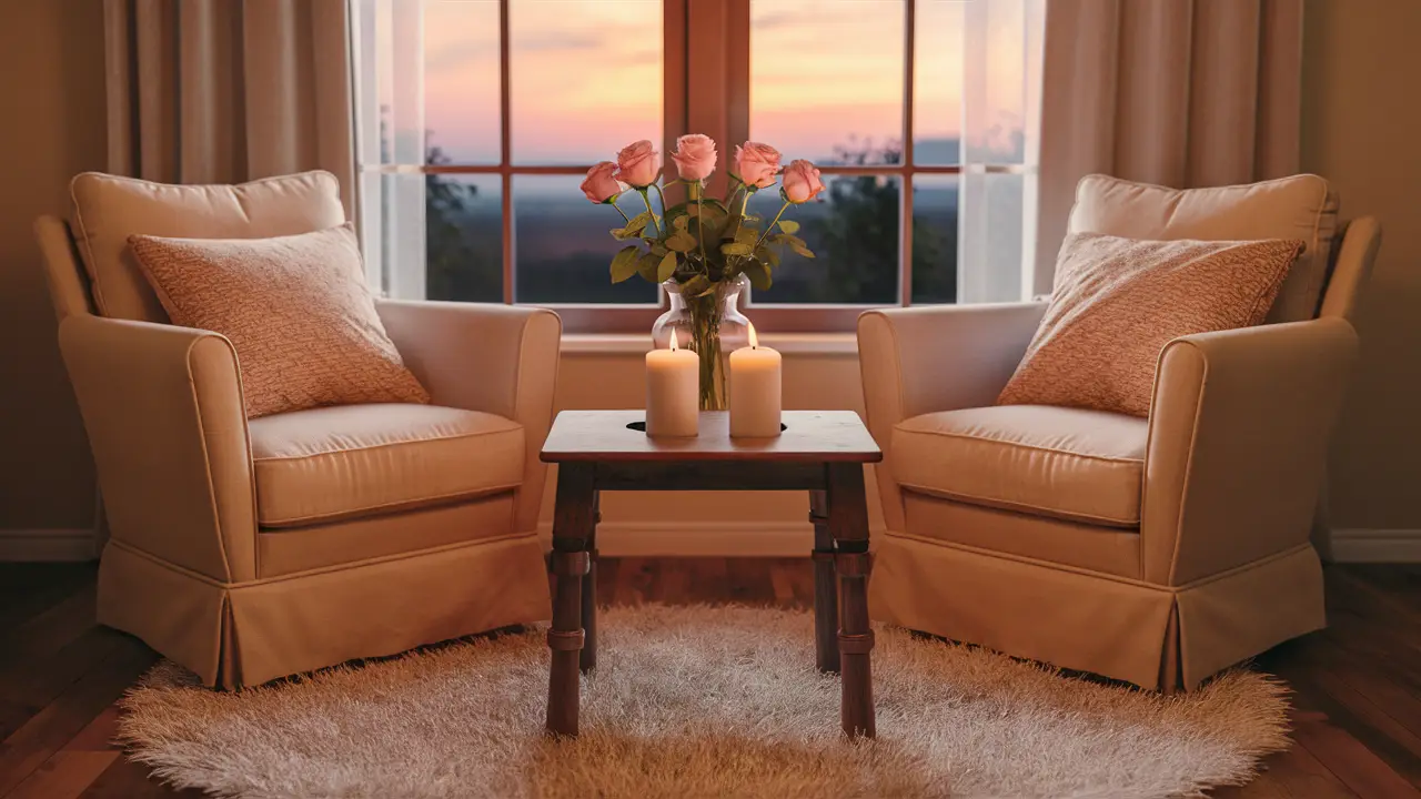 Velas acesas em mesa de madeira com cadeiras e rosas em sala ao entardecer.