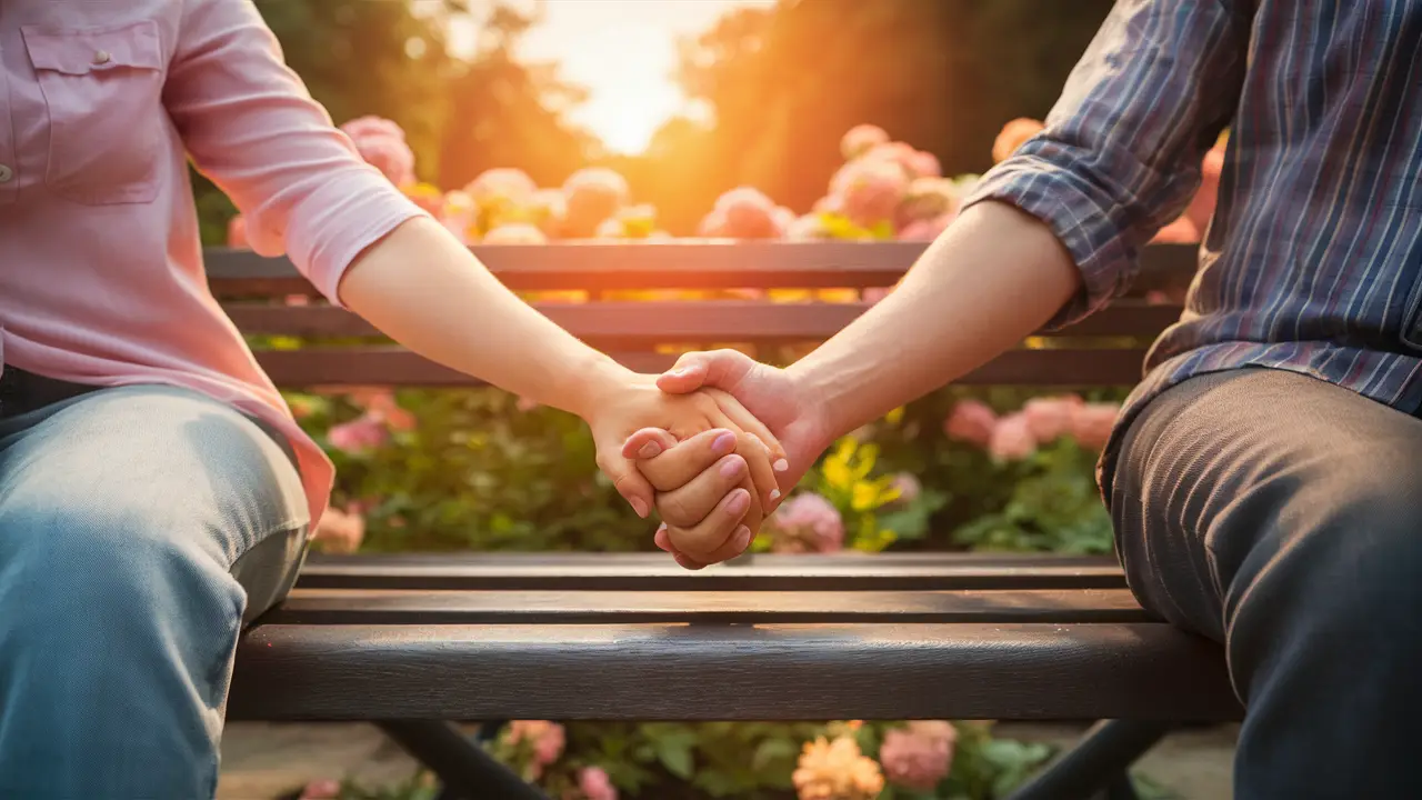 Duas pessoas sentadas de mãos dadas em um banco de madeira no parque ao pôr do sol, cercadas por flores.