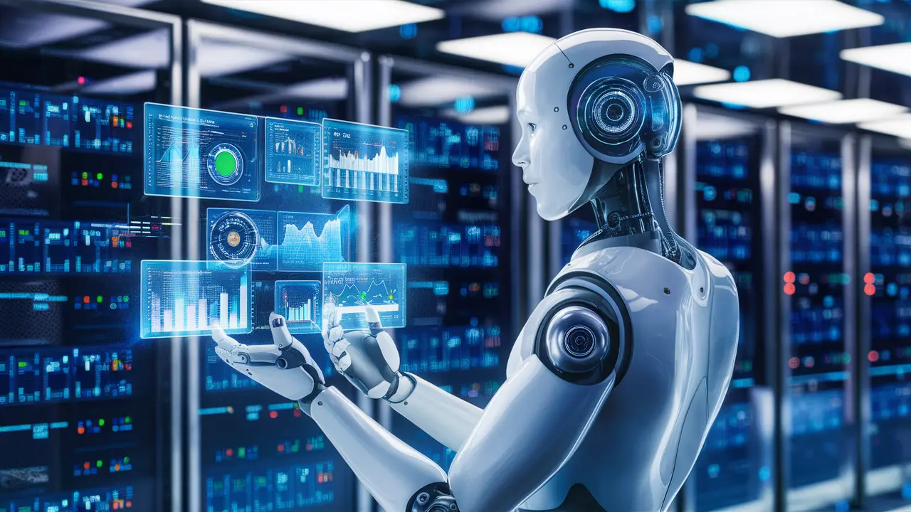 Robô humanoide analisa gráficos holográficos em centro de dados futurista, com tons prateados e azuis.