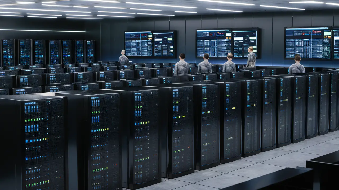 Centro de dados moderno com servidores pretos e técnicos monitorando painéis digitais em telas grandes.