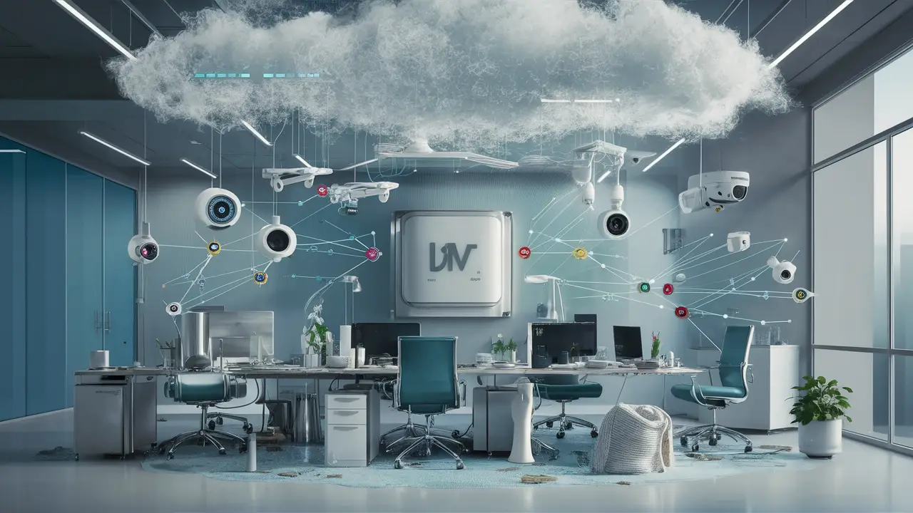 Ambiente de escritório inteligente com dispositivos IoT e nuvem digital transmitindo dados acima.