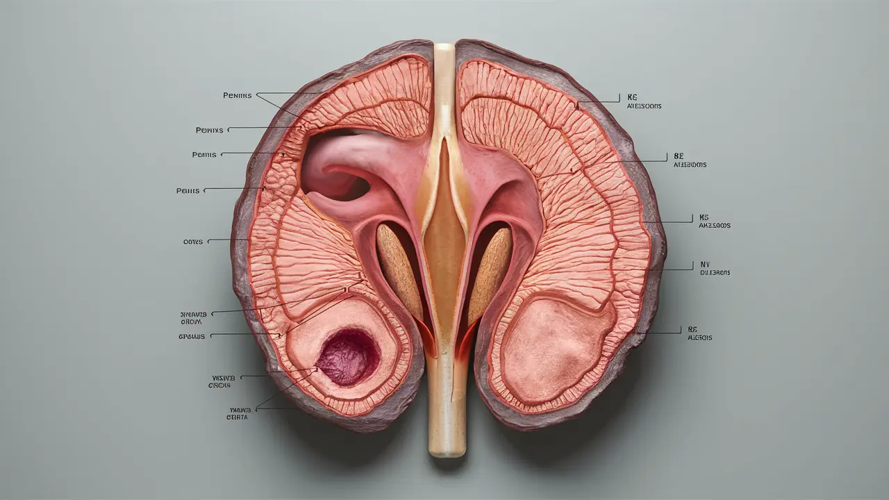 Ilustração detalhada da anatomia do sistema reprodutor masculino com variações anatômicas comuns.