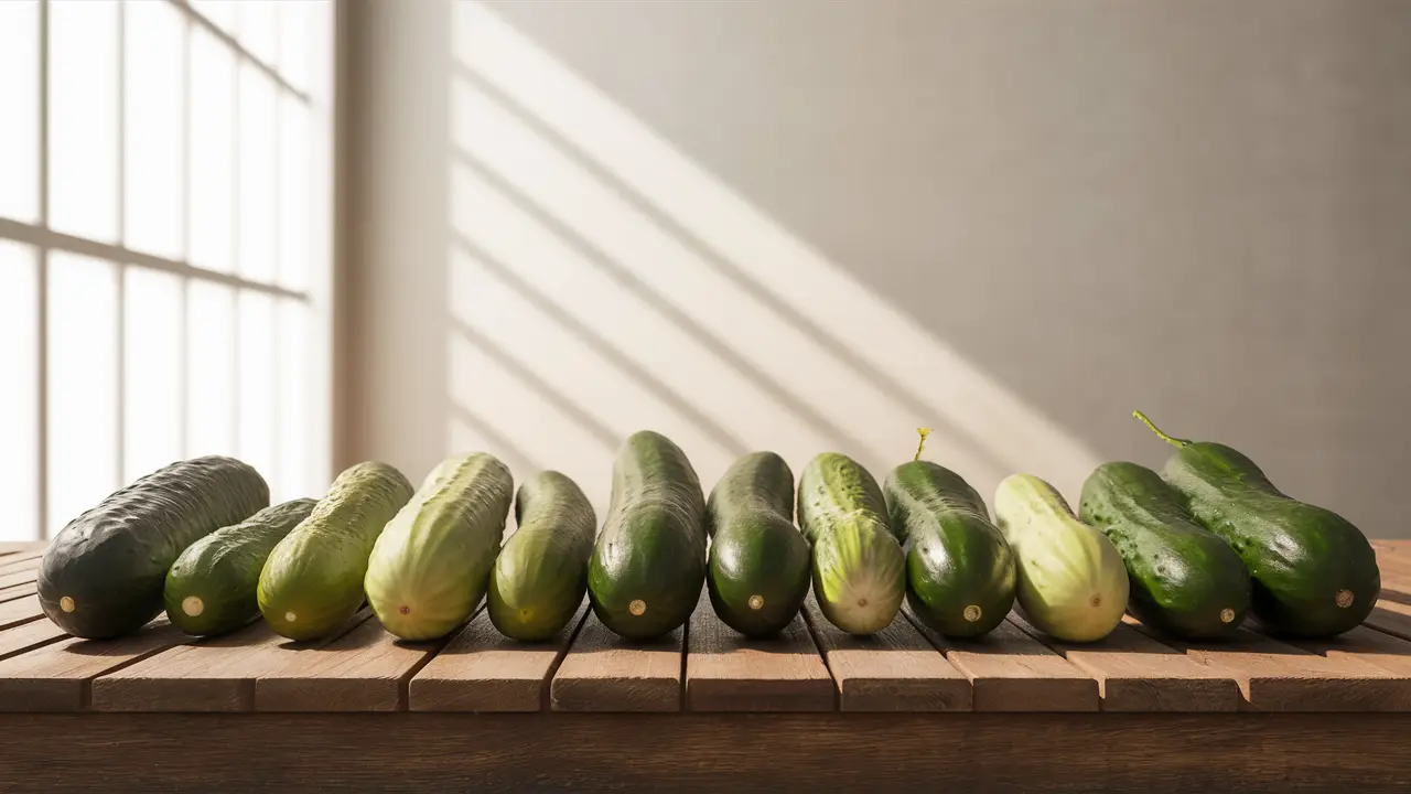 Cucumbers of different shapes and sizes lined up on a wooden table under natural light.