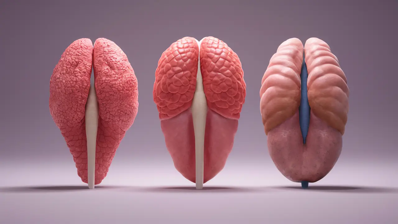 Três ilustrações médicas 3D de diferentes tipos de pênis em fundo neutro, mostrando variações de forma e tamanho.
