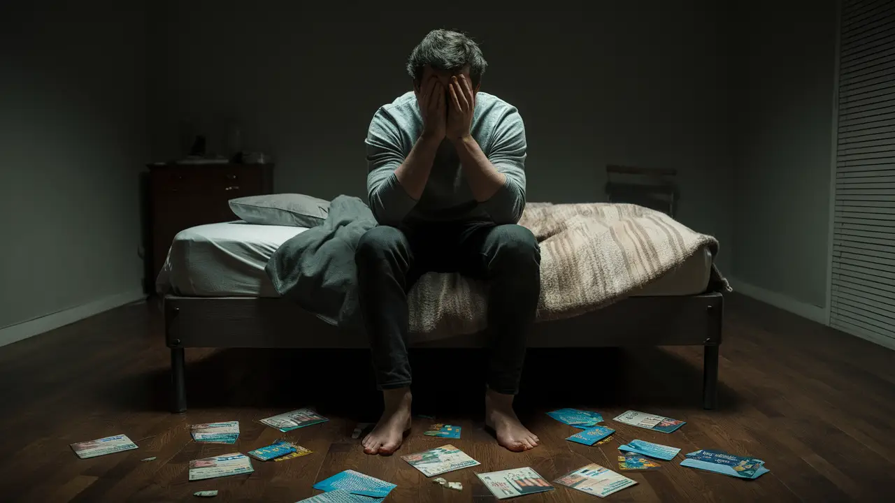 Homem sentado na borda da cama com as mãos cobrindo o rosto em um quarto mal iluminado.