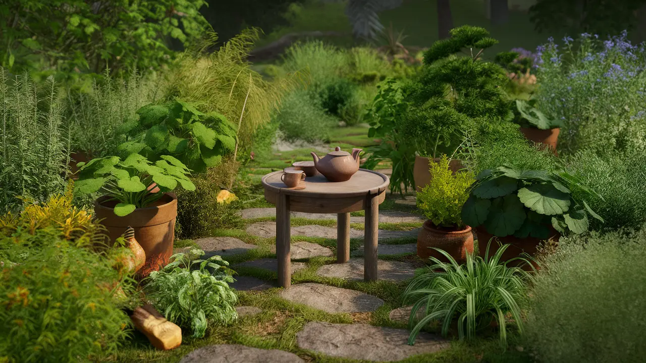 Jardim tranquilo com plantas variadas, mesa de madeira com bule de cerâmica e xícaras, cercado por caminho de pedras.