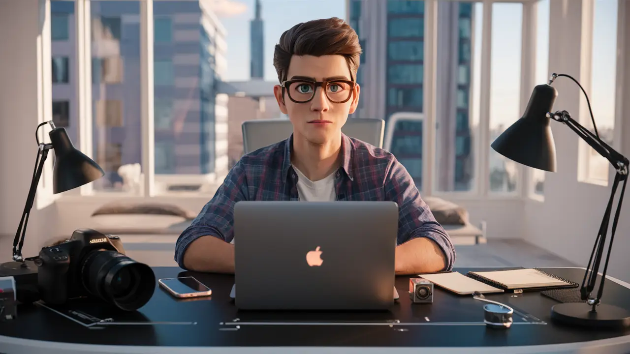Jovem com óculos e expressão concentrada em mesa moderna com laptop, câmeras, smartphone e bloco de notas.