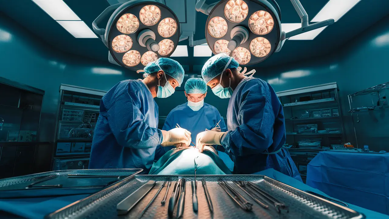 Equipe cirúrgica realiza operação em paciente em sala de cirurgia iluminada com instrumentos estéreis.