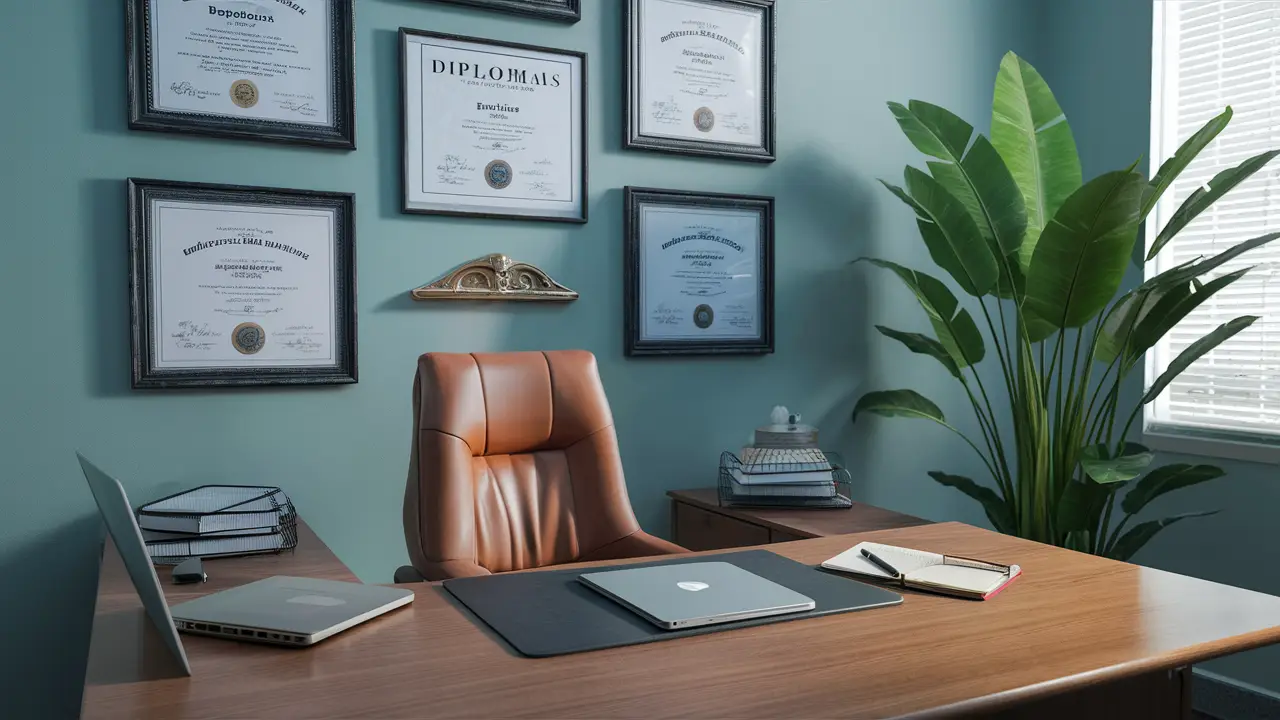 Mesa de escritório médico organizada com diplomas na parede, laptop e planta em vaso grande no canto.