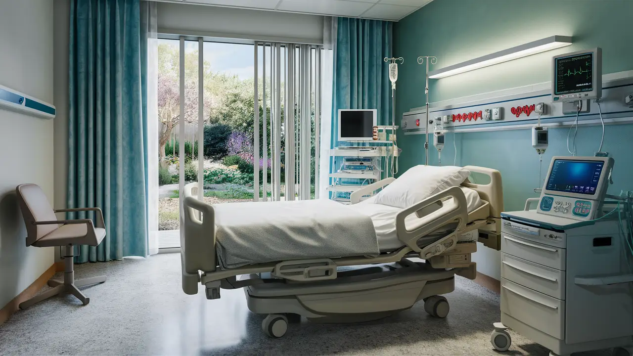 Quarto de recuperação médica moderno com cama hospitalar e equipamentos médicos avançados.