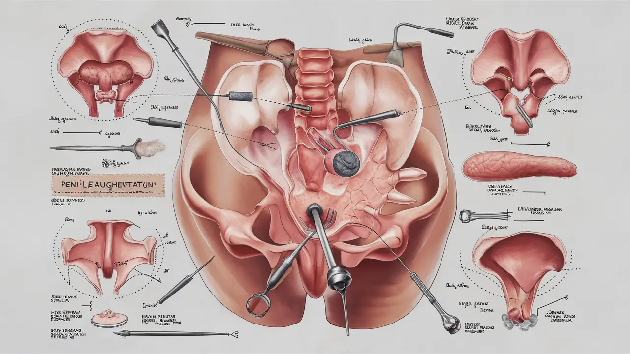 Ilustração médica de cirurgia de aumento peniano mostrando pelve masculina de perfil com diagramas sobrepostos.