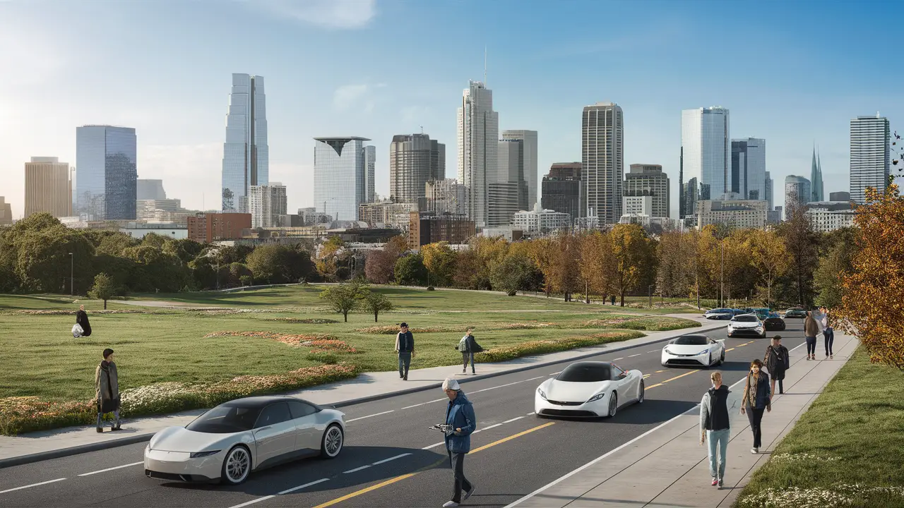 Horizonte urbano com arranha-céus modernos, parque verde, carros elétricos futuristas e pessoas com dispositivos tecnológicos.