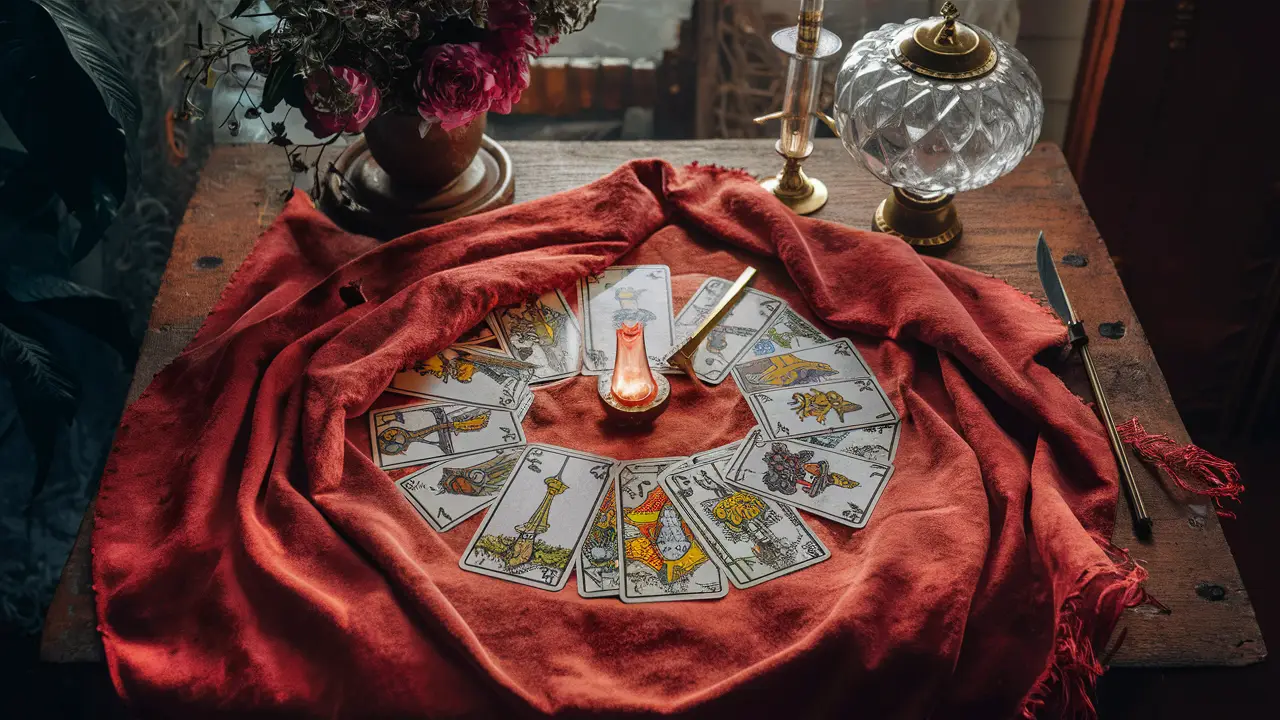 Mesa de madeira com cartas de tarot, vela acesa e cristal sobre pano roxo.