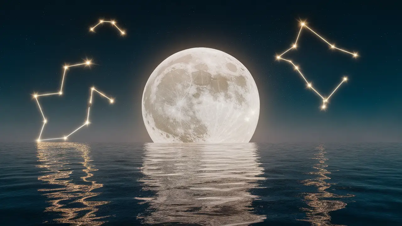 Lua cheia iluminando um oceano tranquilo, com constelações refletidas na água sob um céu noturno claro.