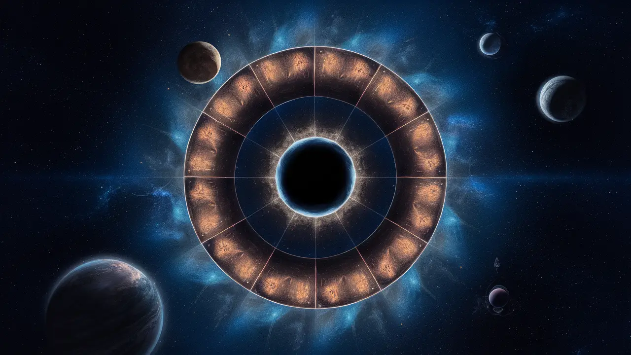 Círculo com símbolos astrológicos dourados em fundo azul estrelado com planetas ao redor.