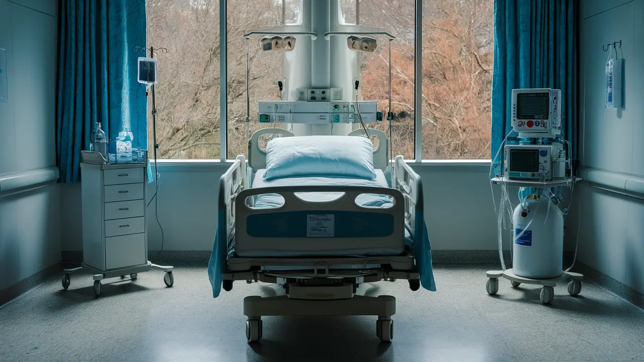 Quarto de hospital com cama, equipamento médico e janela com vista para árvores ao fundo.