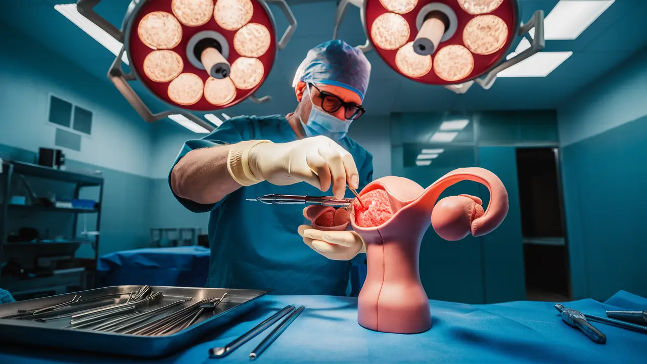 Cirurgião em sala de operação realizando procedimento cirúrgico em modelo anatômico de silicone do sistema reprodutor masculino.