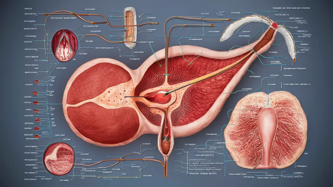 Ilustração anatômica detalhada do sistema reprodutor masculino em estilo de livro médico, com pênis e escroto rotulados.