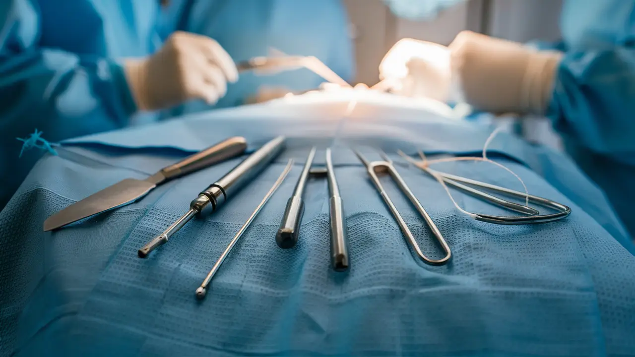 Instrumentos médicos como bisturi e pinça em bandeja cirúrgica azul em ambiente clínico.
