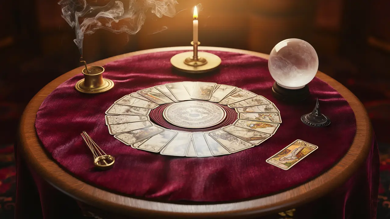 Mesa redonda com cartas de tarô, bola de cristal e incensário sobre toalha de veludo vermelho iluminada por luz dourada.