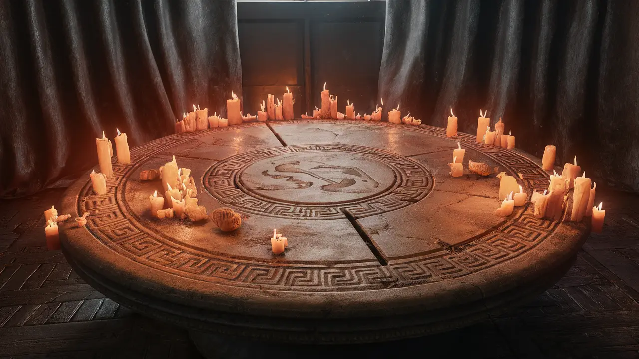 Mesa circular de pedra com gravuras gregas antigas, cercada por velas acesas em uma sala com cortinas de veludo.
