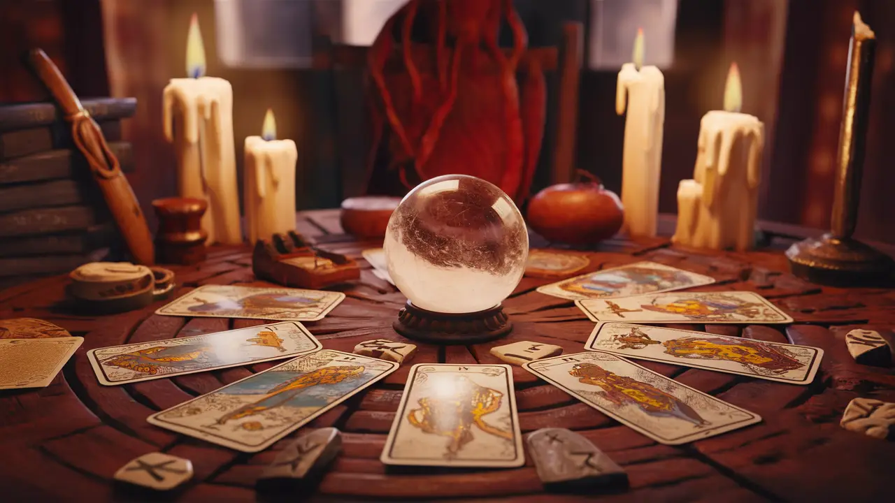 Uma sala mística com cartas de tarô, bola de cristal e pedras rúnicas sobre mesa de madeira iluminada por velas.