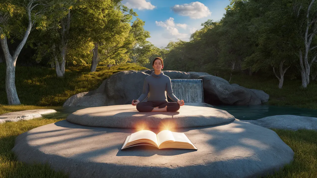 Pessoa meditando em plataforma de pedra rodeada por árvores verdes, com um livro iluminado por luz dourada.