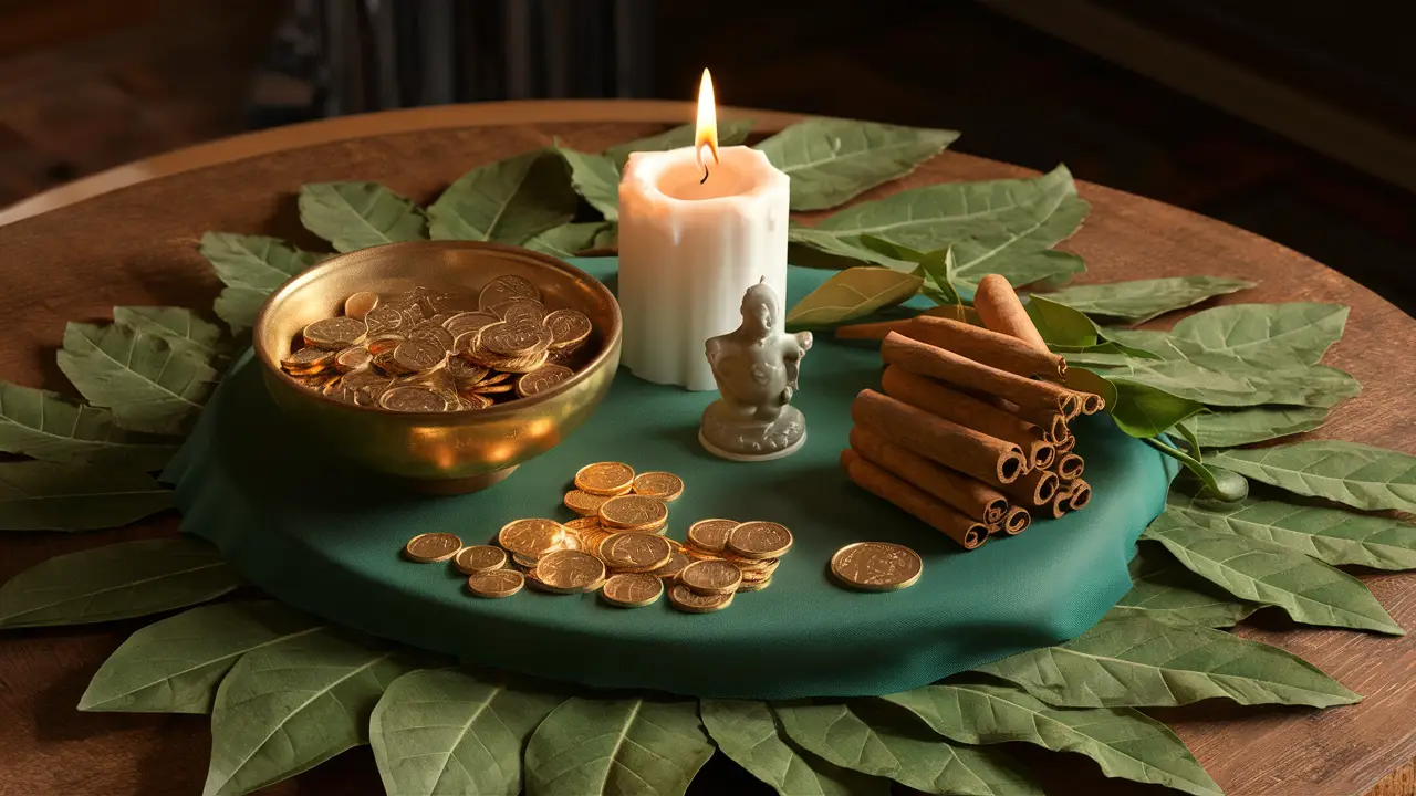 Mesa com pano verde, tigela de latão com moedas douradas, vela branca acesa e estátua de jade pequena.