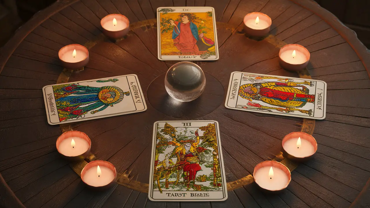 Mesa de madeira com três baralhos de tarô coloridos, iluminados por velas e uma bola de cristal no centro.