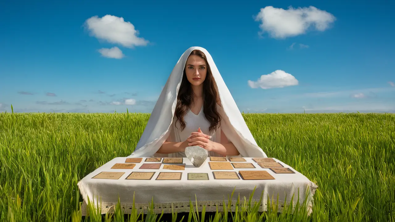 Mulher em campo verde com mesa de oráculos, incluindo cartas de tarô, runas e cristal, sob céu azul claro.