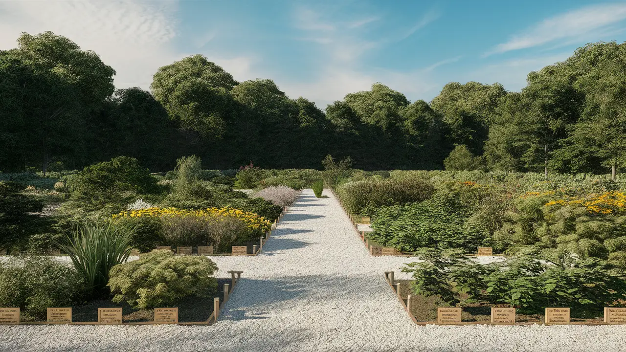 Jardim botânico com plantas medicinais organizadas em fileiras e placas de madeira, em caminho de cascalho branco.