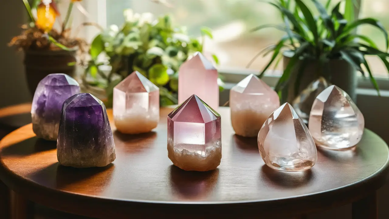 Variedade de cristais, incluindo ametista e quartzo rosa, em uma mesa de madeira com plantas ao fundo.