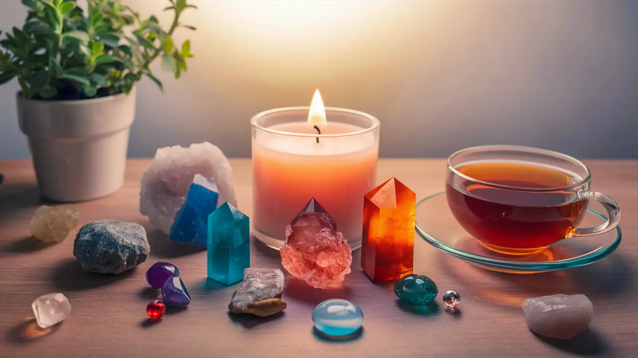 Cristais coloridos e de diferentes formas ao lado de uma vela acesa, planta pequena e chá de ervas em uma mesa de madeira.