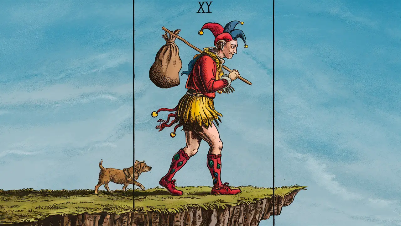 Ilustração detalhada do Arcano O Louco do Tarô de Marselha, com traje colorido e cachorro ao lado.