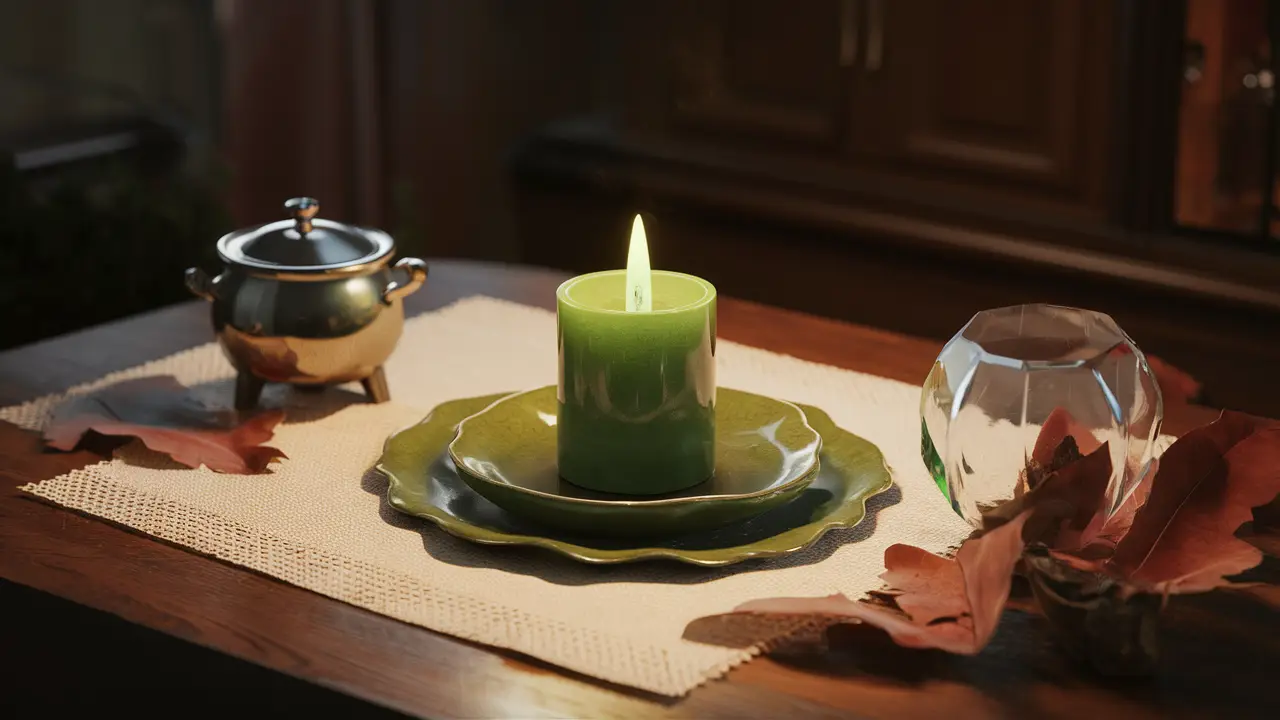Vela verde acesa, caldeirão preto e cristal em mesa de madeira com toalha branca e folhas de louro.