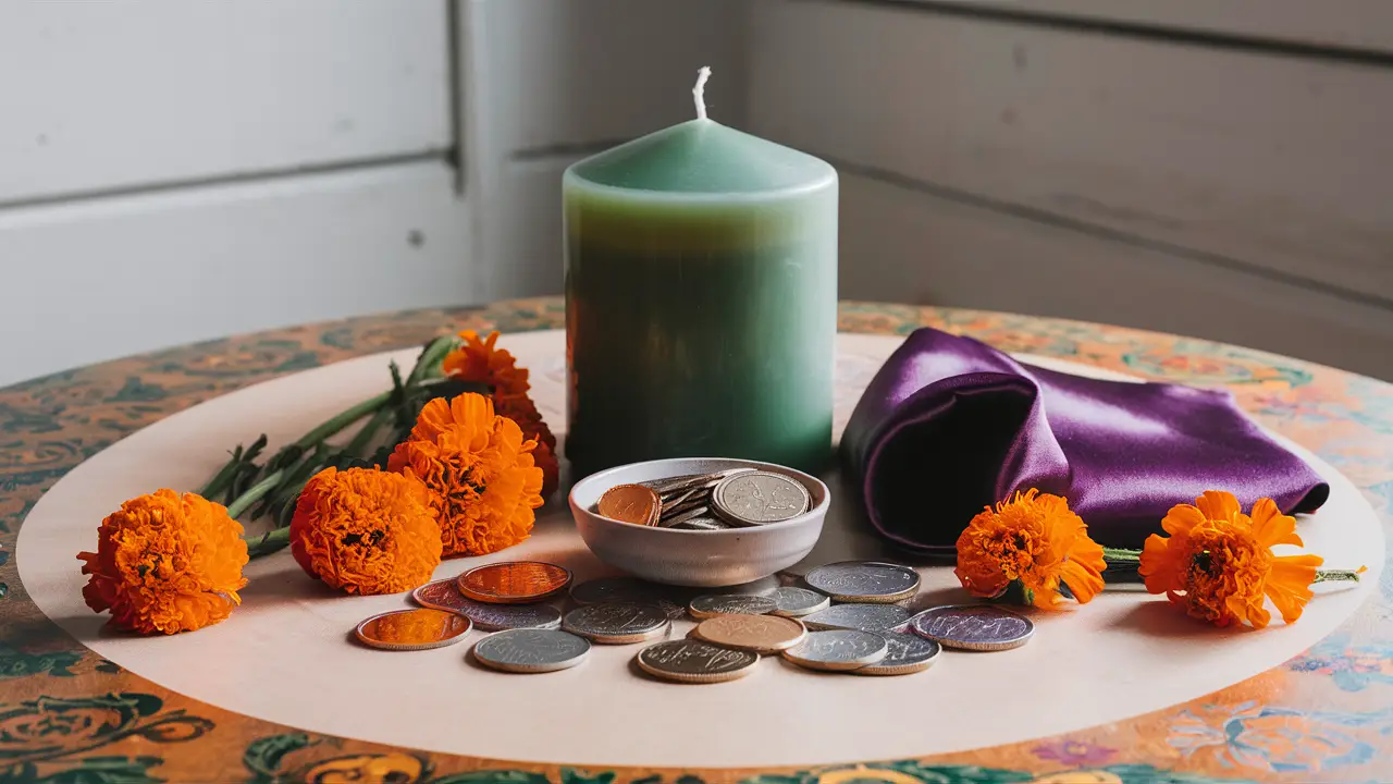 Materiais essenciais para um ritual de prosperidade, como vela verde, tigela de moedas e flores de calêndula.