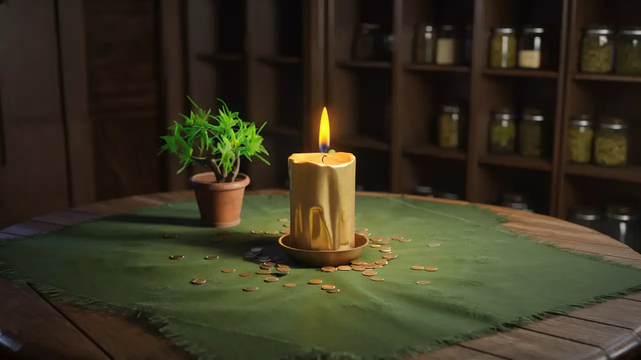 Mesa com vela dourada, moedas e planta em vaso pequeno, em sala com prateleiras de madeira e potes de ervas ao fundo.