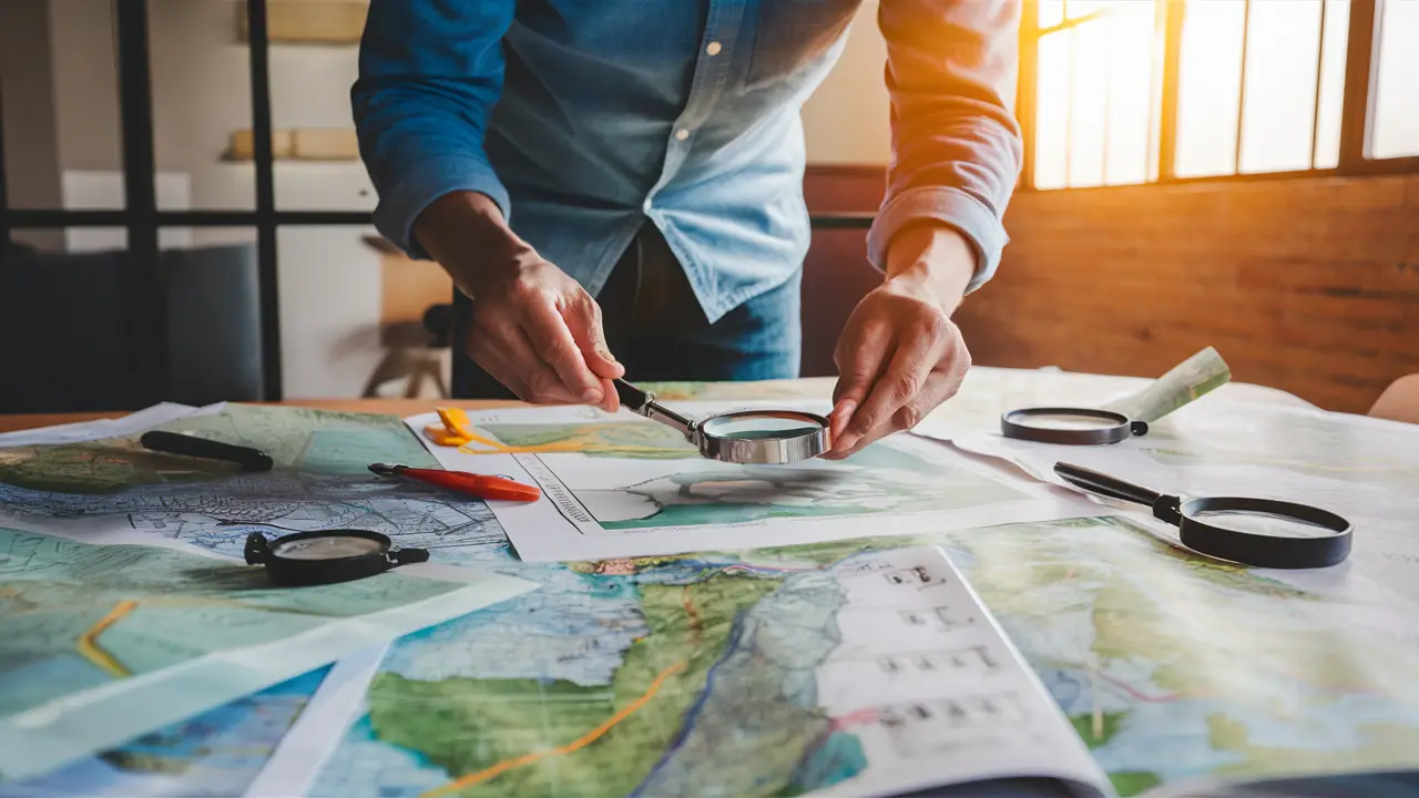 Pessoa analisando mapas e opções de estrada com lupas e bússolas em uma mesa.